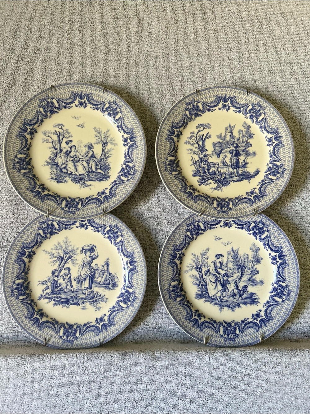 Vintage Blue White Pastoral Plates Wall Art Set of 4 Toile 8" w/ Wall Hangers